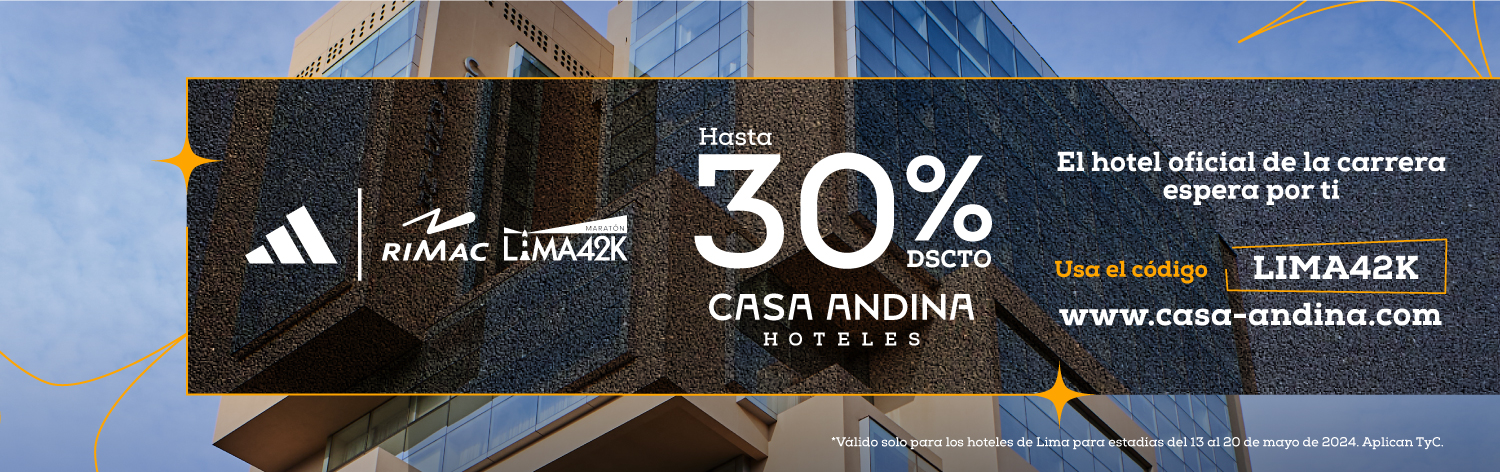 Para el banner casa andina: "Banner de Hoteles Casa Andina ofreciendo un 30% de descuento a los participantes del evento. El código es LIMA42K y debe ser ingresado a www.casa-andina.com
